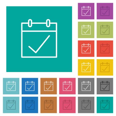Calendar checked outline multi colored flat icons on plain square backgrounds. Included white and darker icon variations for hover or active effects. clipart