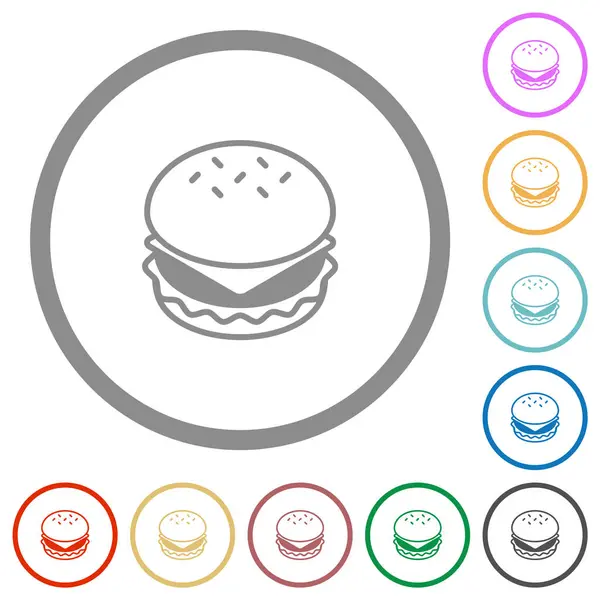 Cheeseburger Επίπεδη Χρώμα Εικονίδια Στρογγυλό Περιγράμματα Λευκό Φόντο Διάνυσμα Αρχείου