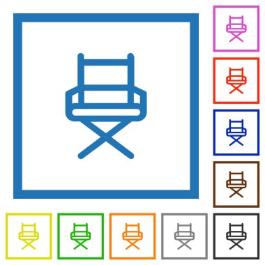 Director chair outline flat color icons in square frames on white background clipart