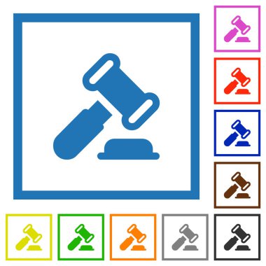 Gavel düz renk simgeleri beyaz arkaplanda kare çerçeveler halinde