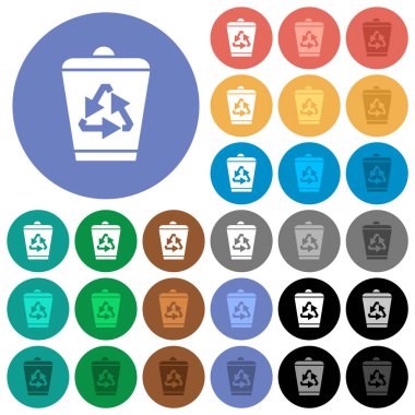 Recycle bin multi colored flat icons on round backgrounds. Included white, light and dark icon variations for hover and active status effects, and bonus shades. clipart