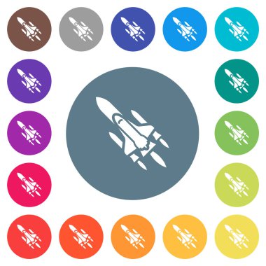 Yuvarlak renkli arka planda düz beyaz simgeleri olan uzay mekiği. 17 arkaplan renk varyasyonu dahil.