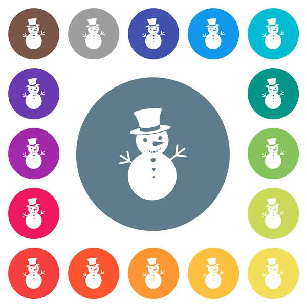 雪人在圆形颜色背景上的扁平白色图标 包括17种背景颜色变化 图库插图