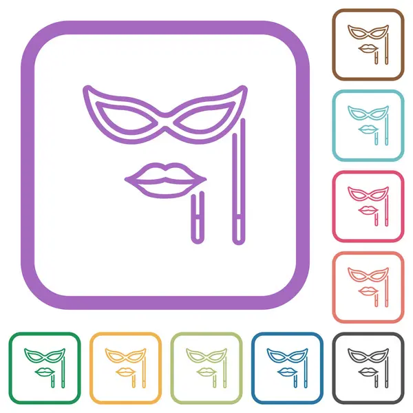 Woman Masquerade Mask Stick Outline Simple Icons Color Rounded Square — Stock Vector