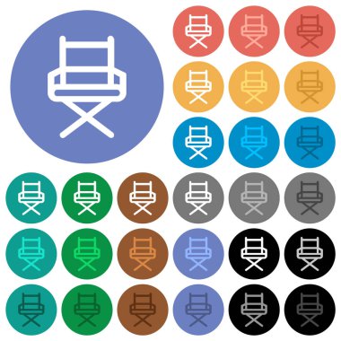 Director chair outline multi colored flat icons on round backgrounds. Included white, light and dark icon variations for hover and active status effects, and bonus shades. clipart