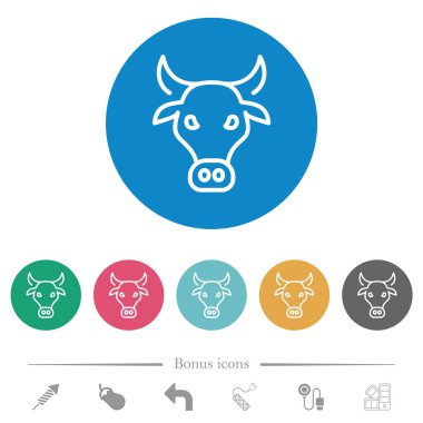 İnek kafası yuvarlak renkli arka planlarda düz beyaz simgeler çizer. 6 bonus simgesi dahil.