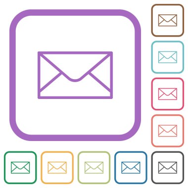 Beyaz arkaplanda renkli yuvarlak kare çerçeveler halinde basit simgeleri zarfa ekle