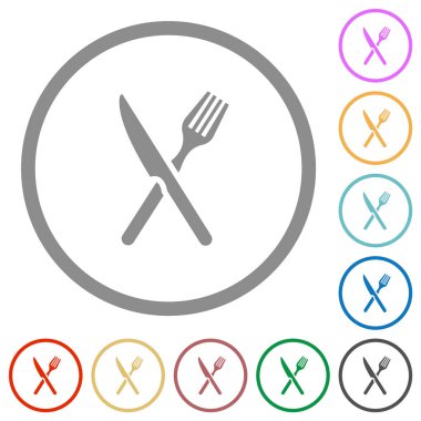 Fork and knife in crossed position flat color icons in round outlines on white background