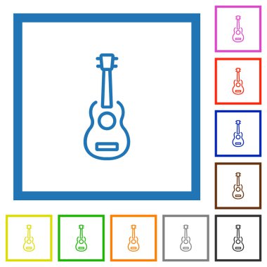 Electric guitar outline flat color icons in square frames on white background clipart