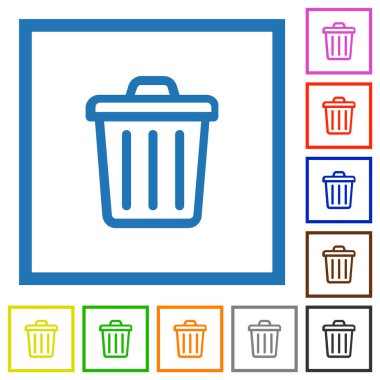 Trash outline flat color icons in square frames on white background clipart