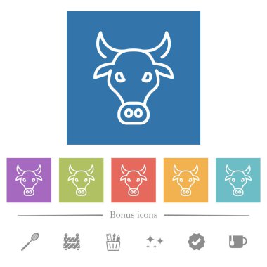 İnek kafası kare arkaplanlarda düz beyaz simgeler çiziyor. 6 bonus simgesi dahil.