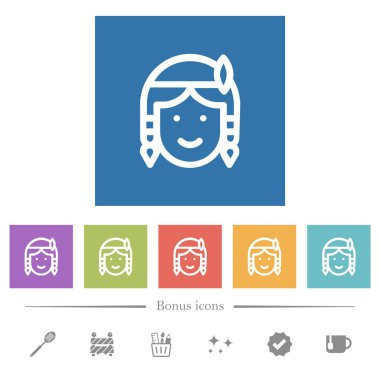 Native american avatar outline flat white icons in square backgrounds. 6 bonus icons included. clipart