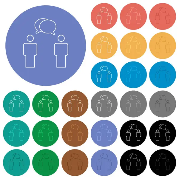 两个有椭圆形气泡的会说话的人在圆形背景上勾勒出多种颜色的扁平图标 包括白色 浅色和深色图标变化的悬停和活动状态效果 以及额外的阴影 图库插图