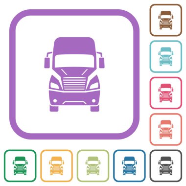 Truck front view simple icons in color rounded square frames on white background clipart