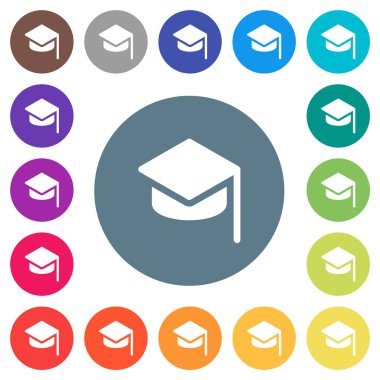 Mezuniyet şapkası düz beyaz simgeler yuvarlak renkli arka planda. 17 arkaplan renk varyasyonu dahil.