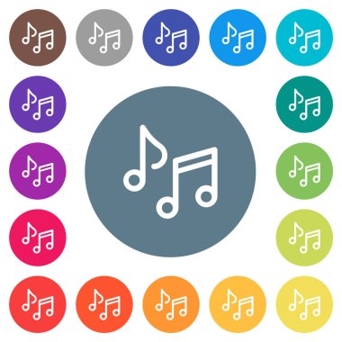 Müzik notaları yuvarlak renkli arka planda düz beyaz simgeler çiziyor. 17 arkaplan renk varyasyonu dahil.