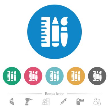 Sanat araçları düz beyaz simgeler yuvarlak renkli arkaplanlar. 6 bonus simgesi dahil.