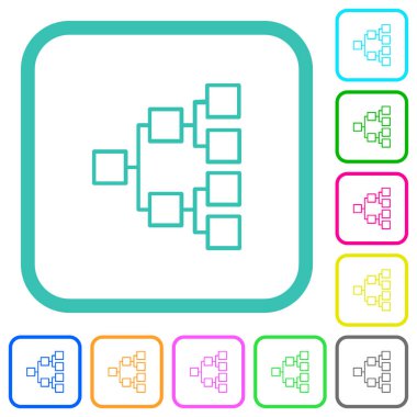 Beyaz arkaplan üzerindeki eğri kenarlıklardaki canlı renkli düz simgelerin sağ ana hatları