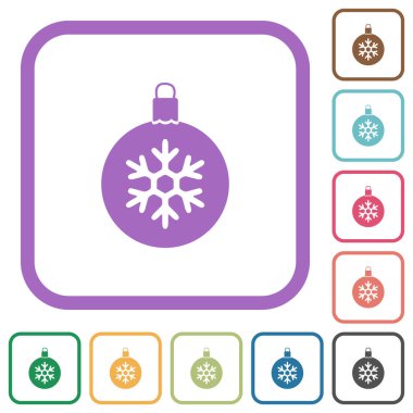 Beyaz arkaplanda renkli yuvarlak kare çerçeveli kar tanesi simgeleriyle Noel balosu