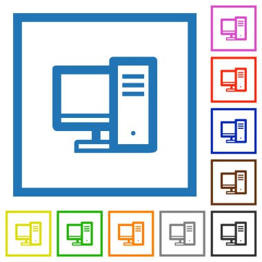 Desktop computer outline flat color icons in square frames on white background clipart
