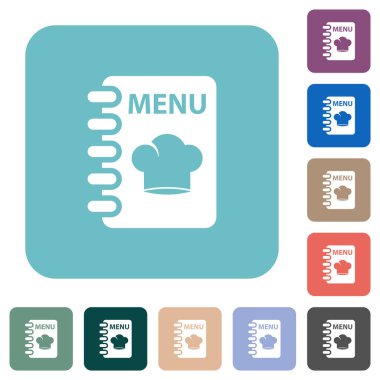 Menu with chef hat white flat icons on color rounded square backgrounds clipart