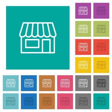 Store front outline multi colored flat icons on plain square backgrounds. Included white and darker icon variations for hover or active effects. clipart