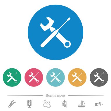 Yuvarlak renkli arka planda düz beyaz simgeler. 6 bonus simgesi dahil.