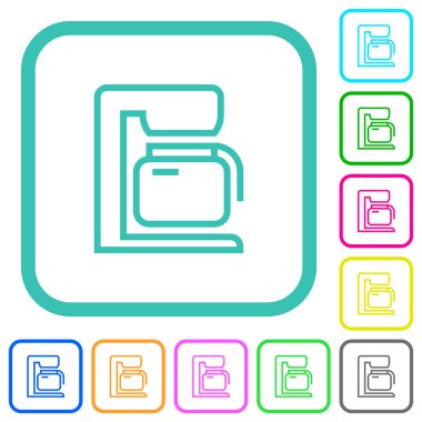 Kahve makinesi beyaz arkaplandaki eğimli sınırlarda canlı renkli düz simgeler çizer