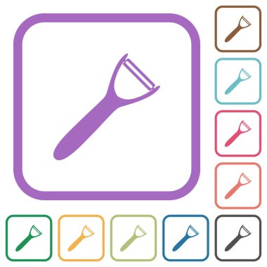 Patates soyucu, beyaz arkaplanda renkli yuvarlak kare çerçeveli basit simgeler