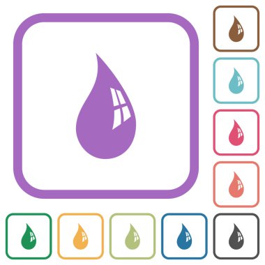 Beyaz arkaplanda renk yuvarlak kare çerçeveli yansıma simgeleriyle su damlası