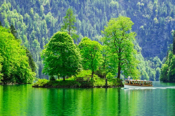 乗客のボートや船が湖にある 背景に木のある森 — ストック写真