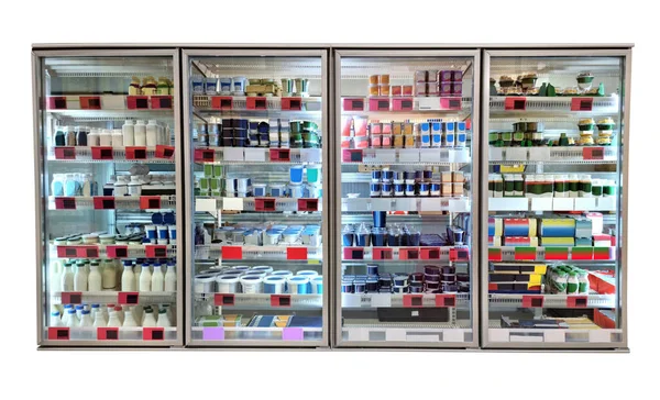 Los Productos Lácteos Comida Refrigerador Del Supermercado Imagen Comercial —  Fotos de Stock