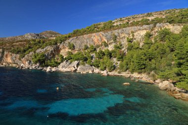 Hırvatistan 'ın Hvar adasındaki Zavala köyündeki sahil ve kıyı şeridi