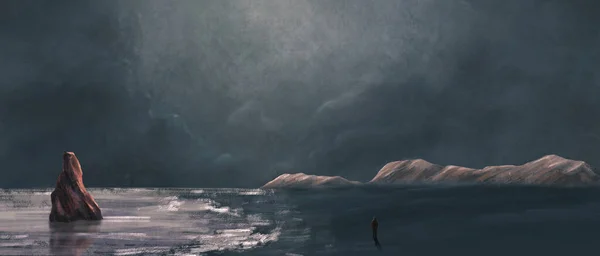 身穿夹克和长裤的男子在海滩上行走 海滨带着岩石 遥远的高山和多云的天空 黑暗情绪数码图解 — 图库照片