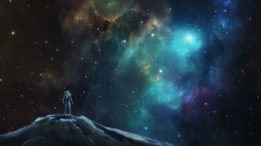 Uzay sahnesi. Renkli nebula ve yıldızlarla kayaların üzerinde duran adam. NASA tarafından döşenmiş elementler. 3B görüntüleme