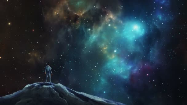 Διαστημική Σκηνή Άνθρωπος Στέκεται Πάνω Βράχο Πολύχρωμο Νεφέλωμα Και Αστέρια — Αρχείο Βίντεο