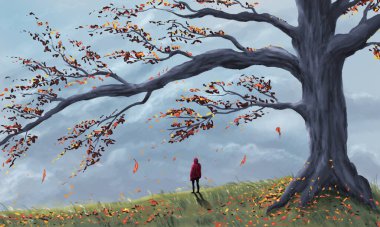 Young woman in red jacket standing on meadow with large autumn tree, falling leaves and cloudy sky. Digital painting, landscape background clipart