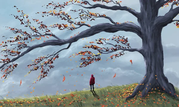 Jonge Vrouw Rode Jas Weide Met Grote Herfstboom Vallende Bladeren — Stockfoto