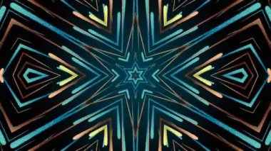 Siyah üzerine geri dönüşümlü soyut mavi ve turuncu kaleydoskop dokusu. Hipnotik animasyon