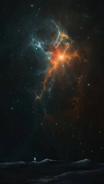 Rymdbakgrund Astronaut Står Berget Med Färgglada Fraktal Nebulosa Och Stjärnor — Stockfoto