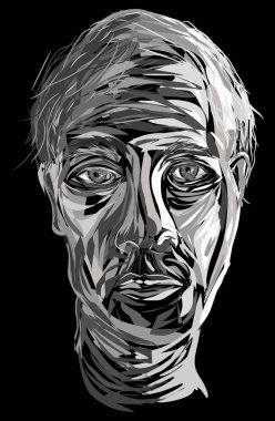 Siyah beyaz giymiş genç bir adamın vektör portresi. Sert ifade fırça darbesi, insan kafasının ön görüntüsü.