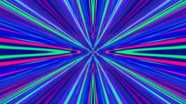 Flying through rotating colorful neon line tunnel. Glowing outline fractal design on black background