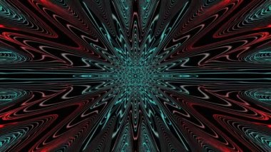 Flying through red and blue flower shape line tunnel. Glowing outline on black background