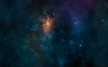 Space background. Colorful blue and violet nebula with star field and orange sun. Digital painting clipart