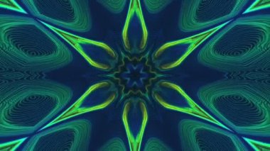 Flying through green and blue kaleidoscope line tunnel. Symmetry glowing ou..