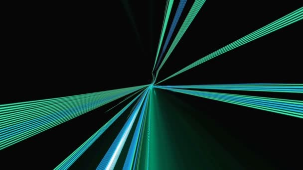 カラフルな青い線のトンネルを飛んでいる 黒の背景に輝く対称性 — ストック動画