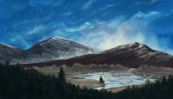 Góra Las Jezioro Pod Błękitnym Niebem Mgłą Dolinie Ręcznie Cyfrowy — Zdjęcie stockowe