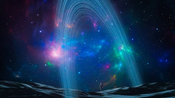 Космічний Фон Астронавти Ходять Землі Барвистій Фрактальній Туманності Кільцевими Воротами — стокове фото