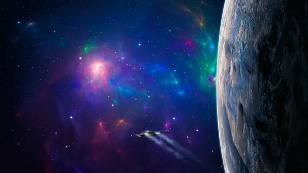 Kosmiczne Tło Statek Kosmiczny Lata Planecie Kolorowych Fraktalnych Mgławicach Gwiezdnym — Zdjęcie stockowe