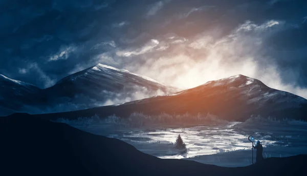 Büyücü Gölle Birlikte Dağ Manzarasında Duruyor Mavi Turuncu Dijital Resim — Stok fotoğraf